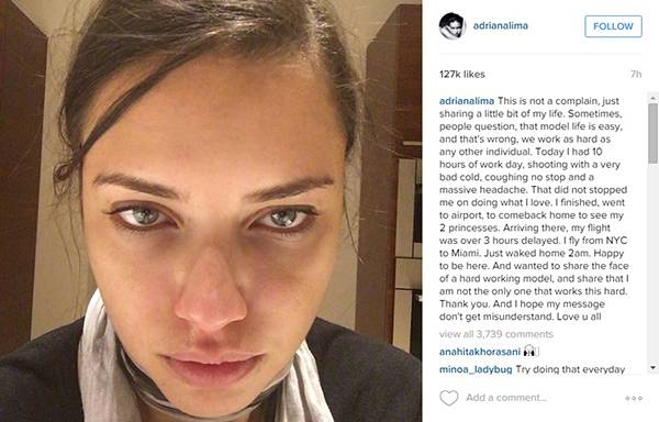 Adriana Lima publica foto sem maquiagem e desabafa sobre o dia a dia das modelos