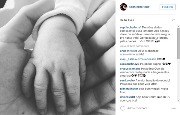 Sophie Charlotte publica foto do filho, Otto, um dia após o nascimento do garotinho