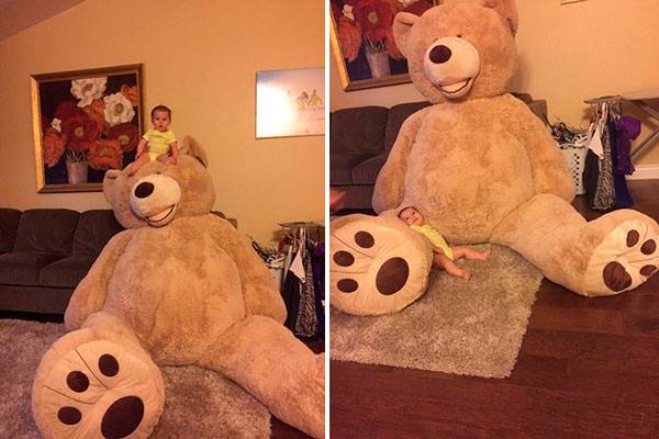 Avô surpreende neta de 5 meses de idade com presente inusitado: um urso de pelúcia gigantesco