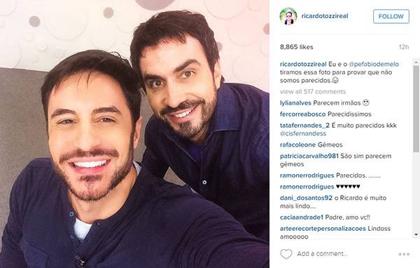 Ricardo Tozzi publica selfie com Padre Fábio de Melo e brinca sobre a semelhança entre os dois