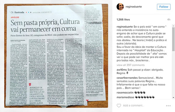 Regina Duarte se manifesta sobre Ministério da Cultura e provoca polêmica no Instagram