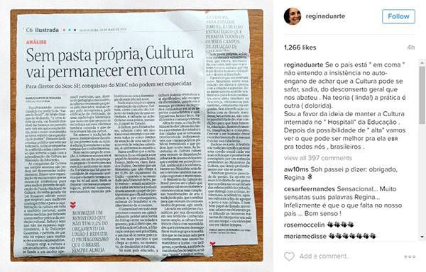 Regina Duarte se manifesta sobre Ministério da Cultura e provoca polêmica no Instagram