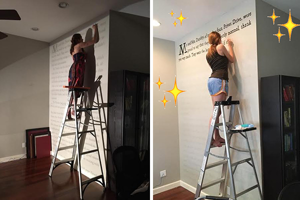 Mulher transforma espaço para leitura ao pintar a primeira página da saga “Harry Potter” na parede