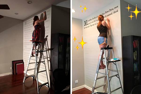 Mulher transforma espaço para leitura ao pintar a primeira página da saga “Harry Potter” na parede