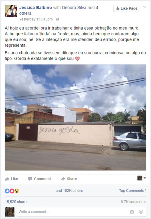 Jovem brasileira é criticada em pichação e dá resposta perfeita na internet