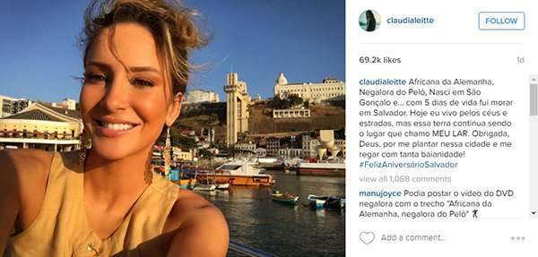 Claudia Leitte é chamada de racista após publicar foto em homenagem a Salvador