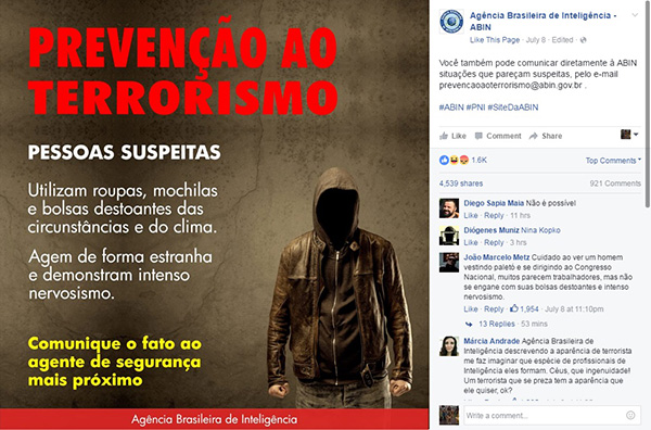 Alerta de “prevenção ao terrorismo” da Agência Brasileira de Inteligência provoca polêmica na internet