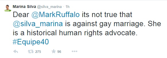Após descobrir que Marina Silva é contra o casamento igualitário, ator Mark Ruffalo retira seu apoio à candidata