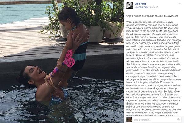 Após fim de namoro com Rômulo Neto, Cleo Pires publica mensagem enigmática no Facebook