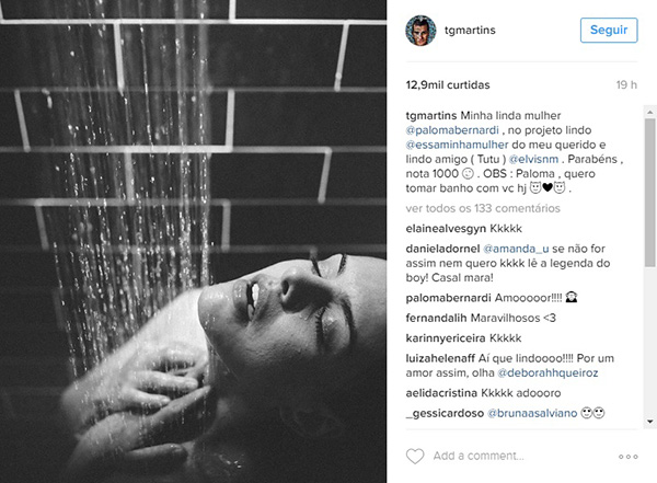 Thiago Martins publica foto sensual da namorada, Paloma Bernardi, e provoca atriz na legenda