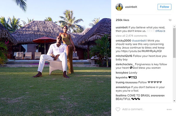 Após polêmica, Usain Bolt publica foto ao lado da namorada e manda recado para imprensa internacional