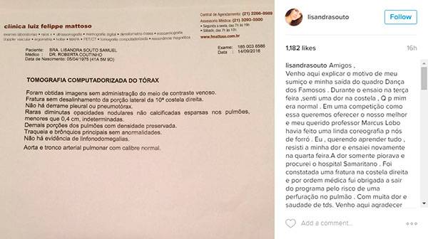 Afastada do “Dança dos Famosos”, Lisandra Souto publica desabafo no Instagram