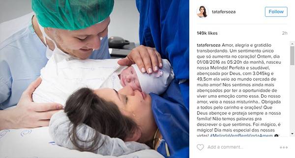 Thaís Fersoza e Michel Teló publicam fotos da filha recém-nascida Melinda no Instagram