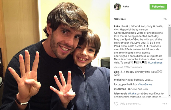 Kaká comemora aniversário do filho com foto no Instagram e clique chama atenção de fãs do jogador