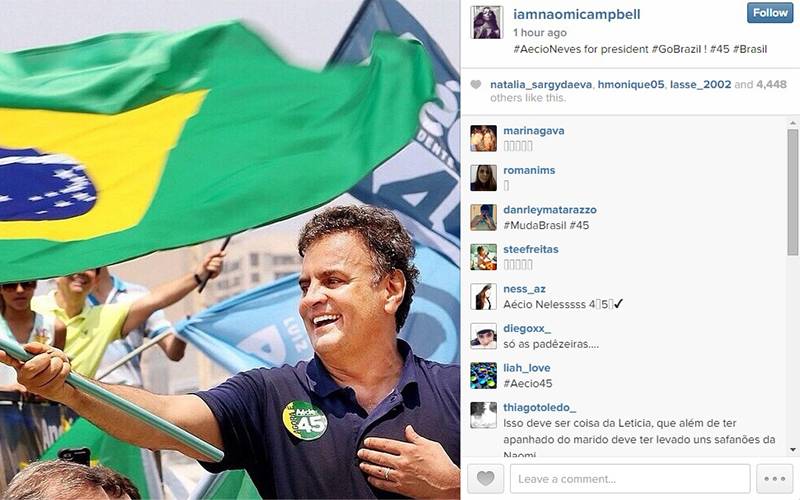 Após Lindsay Lohan, supermodelo Naomi Campbell declara apoio a Aécio Neves; confira os melhores comentários