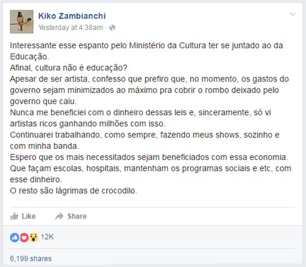 Kiko Zambianchi fala sobre Ministério da Cultura no Facebook e leva “puxão de orelha” da filha