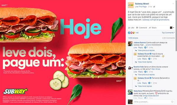 Lanchonete Subway realiza promoção relâmpago nesta quinta (29) e leva a internet à loucura