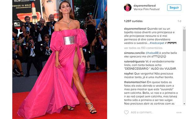 Dayane Mello, modelo brasileira, é criticada por desfilar com vestido ousado no Festival de Veneza