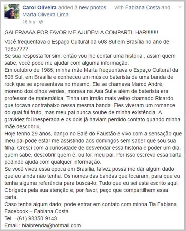 Bailarina do “Domingão do Faustão”, Carol Oliveira faz campanha na internet para conhecer o pai