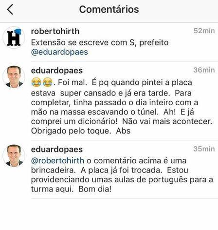 Prefeito do Rio ironiza no Instagram seguidor que reclamou de erro de português em placa