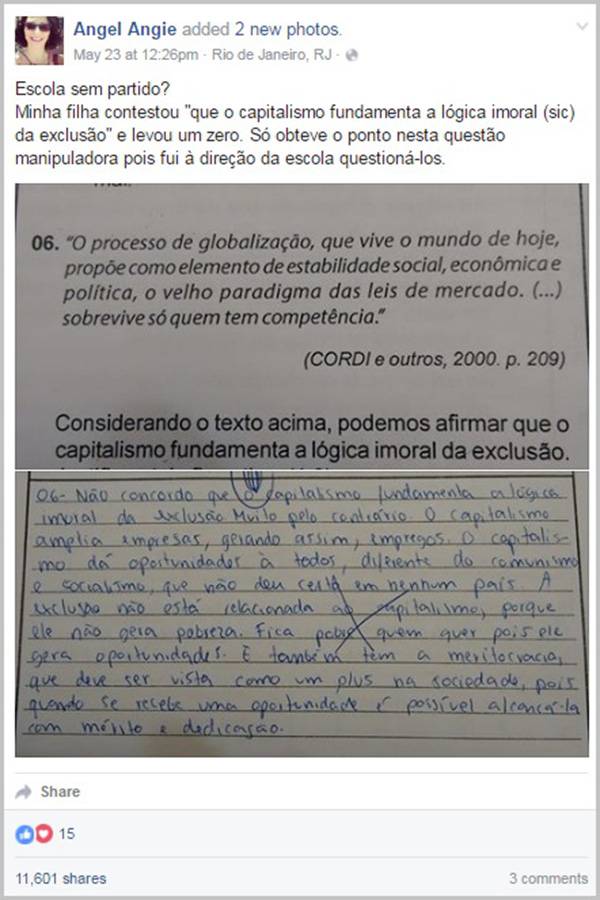 Adolescente “defende” capitalismo, leva nota zero e mãe desabafa no Facebook
