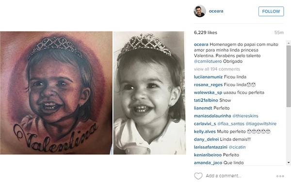 Wellington Muniz, o Ceará, tatua rosto da filha Valentina no peito e mostra resultado nas redes sociais