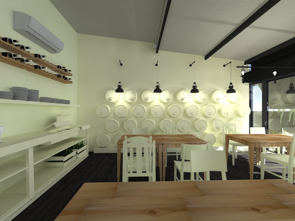 Espa&ccedil;o para vinhos: parte frontal de barricas fixadas em uma das paredes