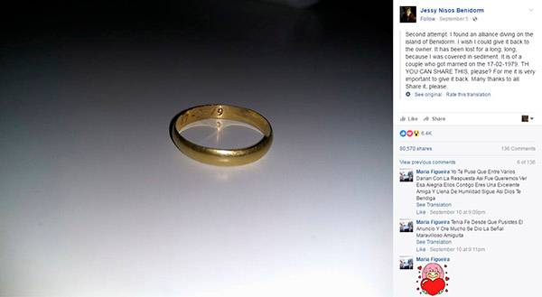 Mergulhadora devolve aliança de casamento perdida 37 anos atrás com a ajuda do Facebook