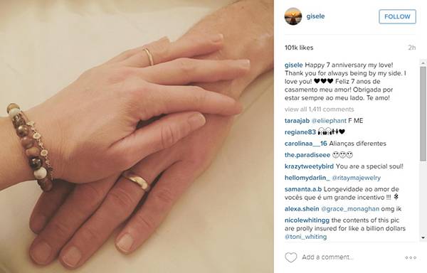 Gisele Bündchen comemora aniversário de casamento com declaração para Tom Brady