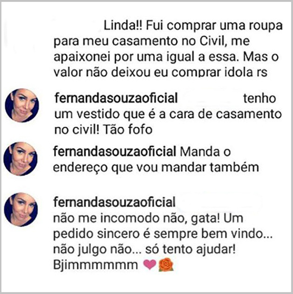 Fernanda Souza surpreende e empresta vestido e acessórios para que duas fãs celebrem ocasiões especiais