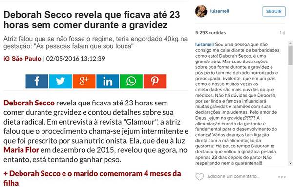 Após polêmica com Luisa Mell, Deborah Secco fala sobre dieta e boato de jejum durante a gravidez