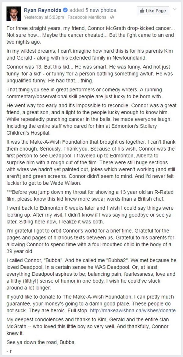 Ryan Reynolds publica carta para fã mirim de “Deadpool” que morreu de câncer