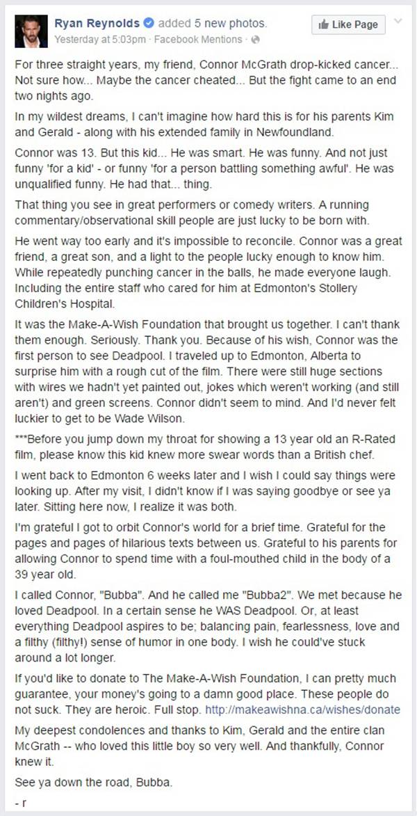 Ryan Reynolds publica carta para fã mirim de “Deadpool” que morreu de câncer