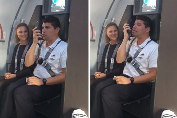 Comissário de bordo dá instruções na voz de Pernalonga e outros personagens “Looney Tunes”