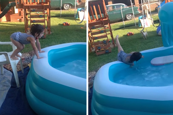 Garotinha tenta pular em piscina inflável e acaba fazendo pirueta desastrada