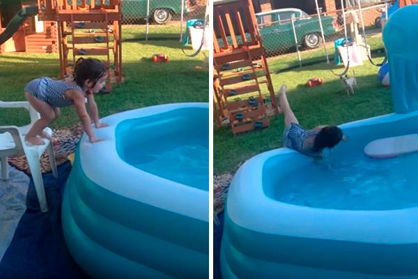 Garotinha tenta pular em piscina inflável e acaba fazendo pirueta desastrada