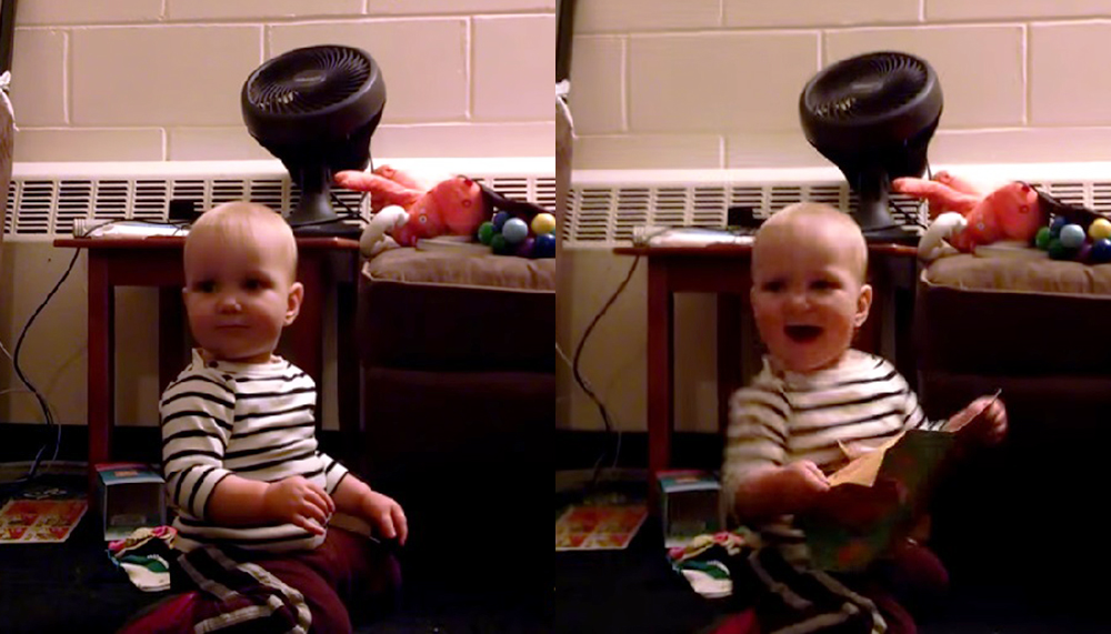 Este vídeo de um bebê dançando animadamente ao som de um cartão de aniversário com música vai te fazer sorrir