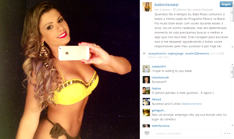 Babi Rossi anuncia saída do “Pânico na Band’ via Instagram