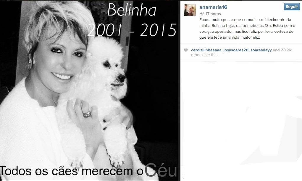 Apresentadora Ana Maria Braga faz homenagem no Instagram a Belinha, sua cadela que morreu
