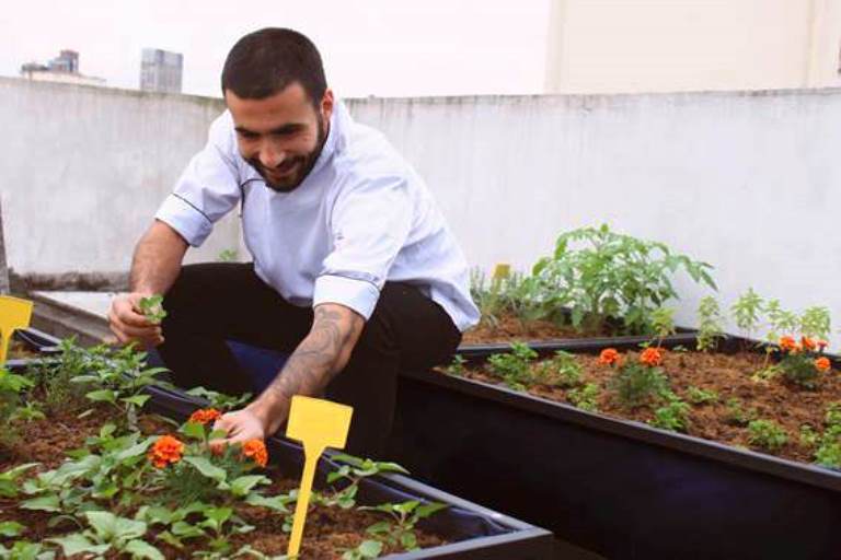 brad.o tem pratos com ervas da horta na laje do restaurante