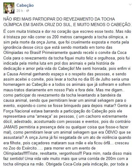 Ativista desiste de participar de revezamento da tocha olímpica após morte de onça