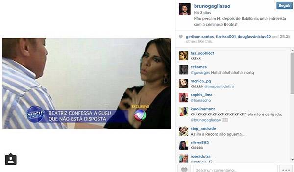 Bruno Gagliasso faz piada com Gugu: “Uma entrevista com a criminosa Beatriz”