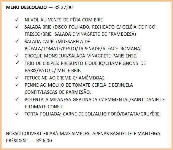 Menu descolado do Brie Restô