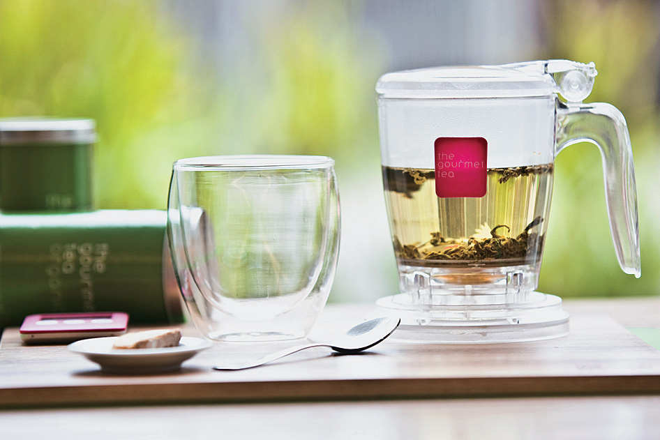 Ch&aacute; verde com p&ecirc;ssego, da casa de ch&aacute; The Gourmet Tea.