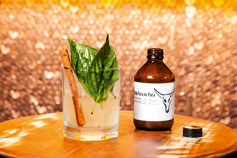 Frasco de xarope: elixir faca na vaca (cachaça com abacaxi, sucos cítricos, xarope de especiarias, licores de ervas, vinho branco e água de coco) Frasco de xarope: elixir faca na vaca (cachaça com abacaxi, sucos cítricos, xarope de especiarias, licores de ervas, vinho branco e água de coco)