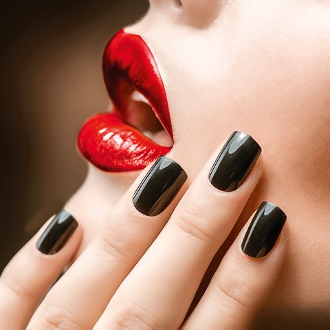 Makeup and Manicure. Black Nails and Red Lips