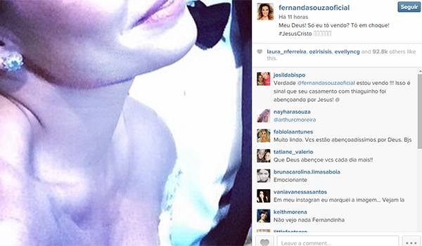 Fernanda Souza vê imagem de Jesus Cristo em foto de seu casamento e fica “em choque”