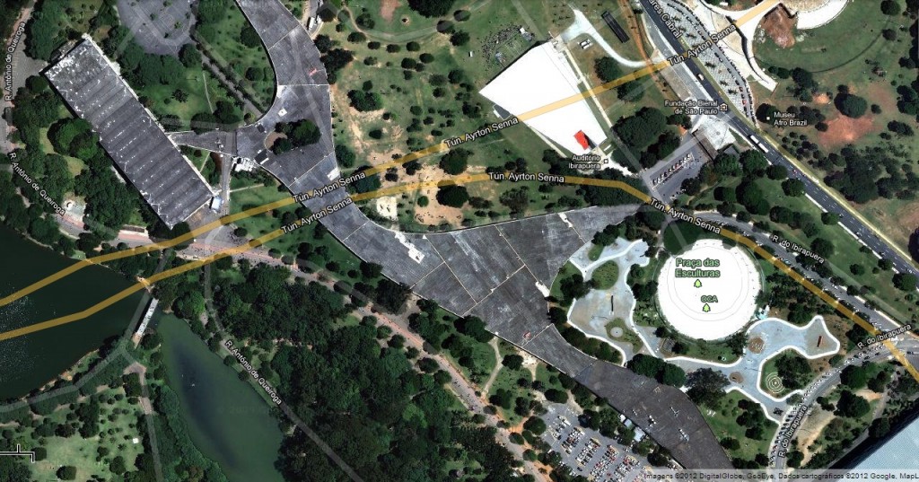 Imagem do Google Maps da &aacute;rea da marquise e do audit&oacute;rio do Parque Ibirapuera (Imagem: Reprodu&ccedil;&atilde;o)