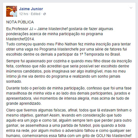 Jaime desabafa no Facebook sobre eliminação do “MasterChef Brasil”