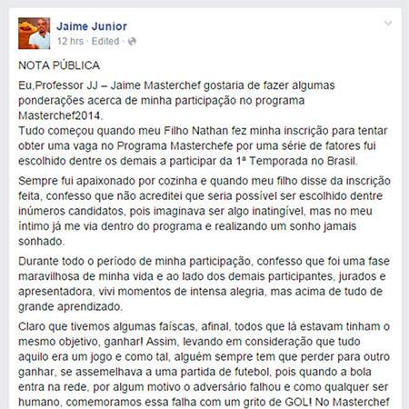 Jaime desabafa no Facebook sobre eliminação do “MasterChef Brasil”
